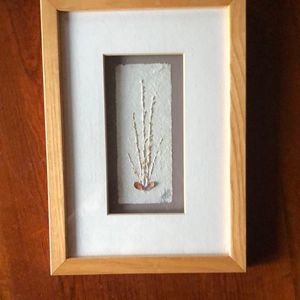 Framed handmade paper matted with off white paper/natural oak color frame/signed